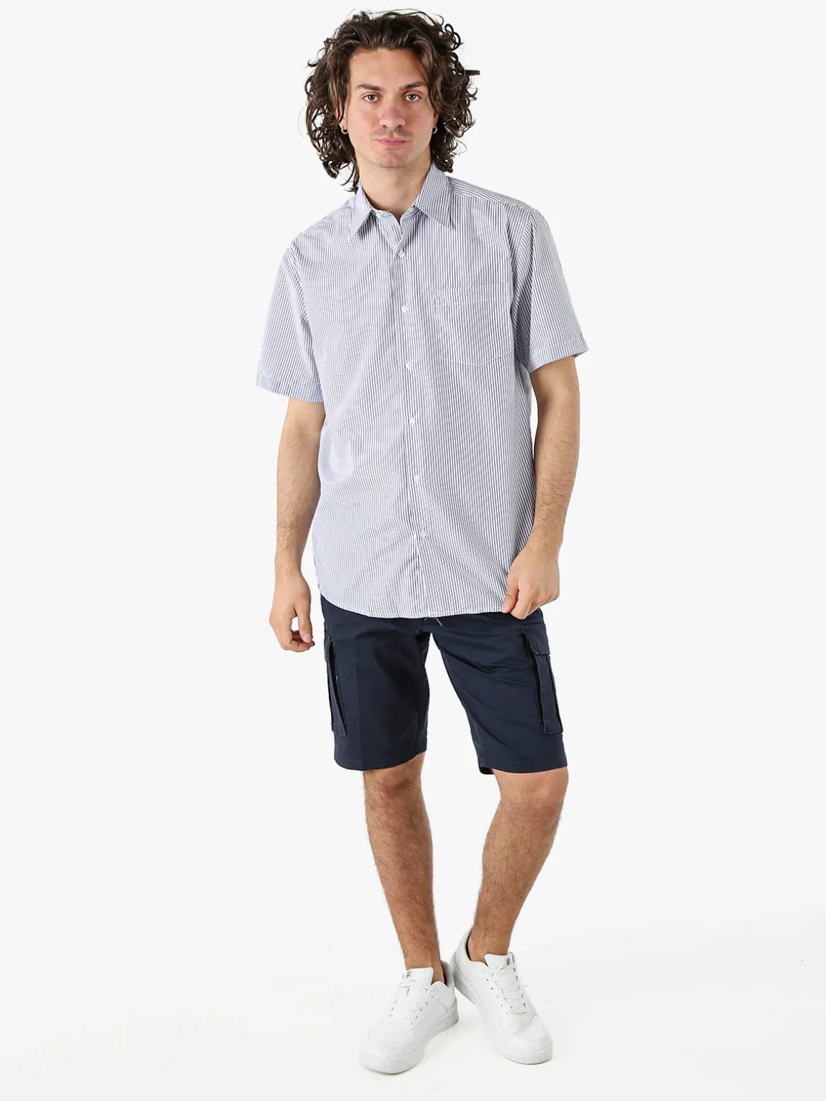 Sky Camicia da uomo rigata a maniche corte con taschino - blu scuro