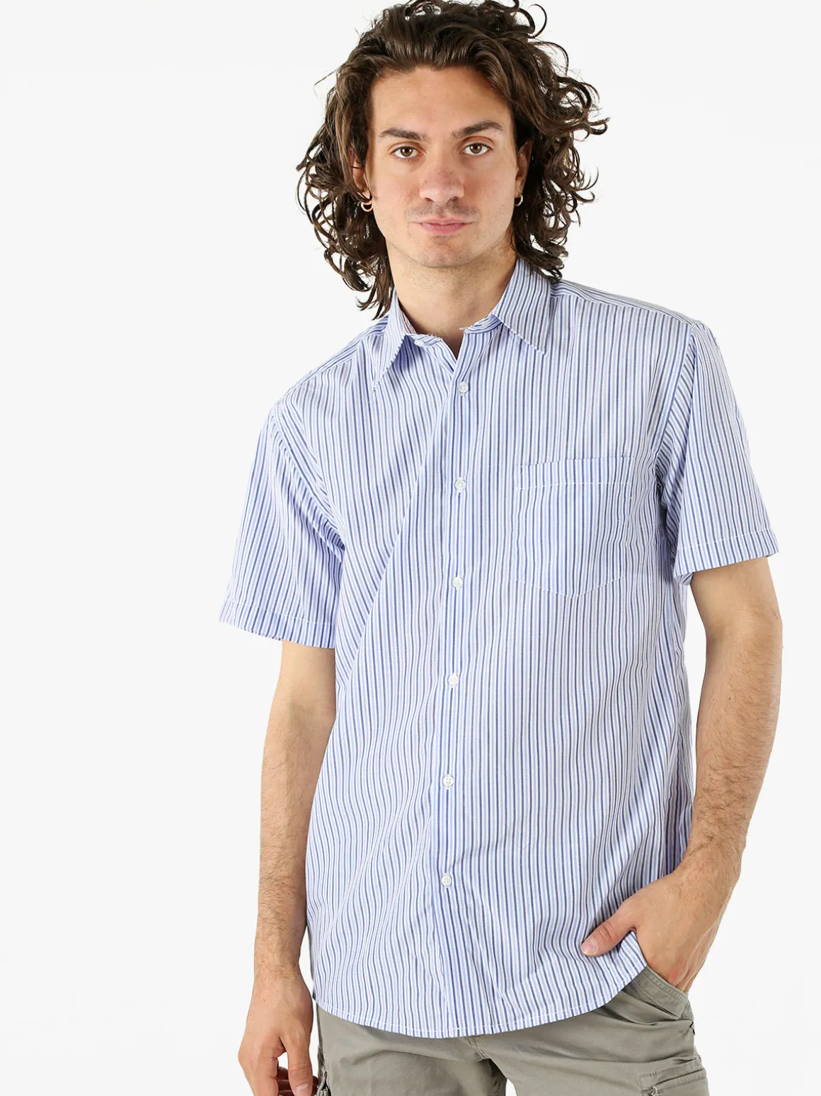 Sky Camicia da uomo rigata a maniche corte con taschino - cielo
