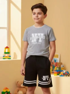 Small Gang Completo corto da bambino in cotone con t-shirt e bermuda - grigio