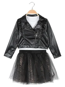 Smile Yes Completo 3 pezzi da bambina con giacca in ecopelle e gonna in tulle
