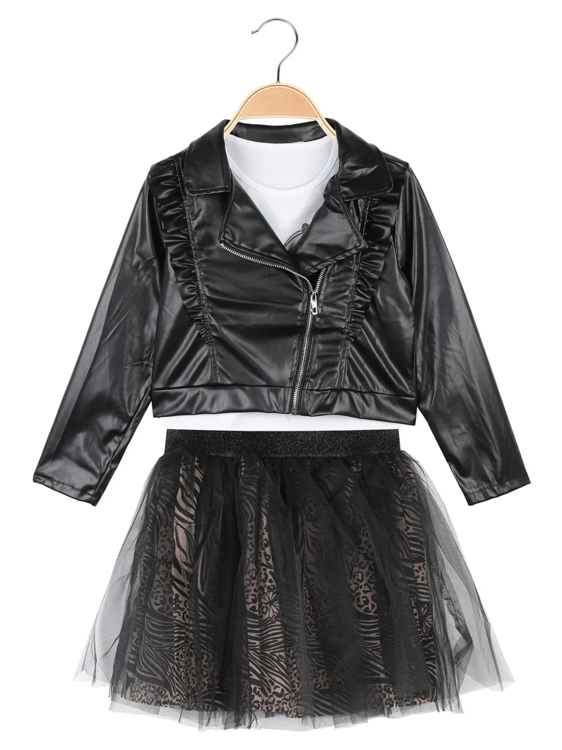 Smile Yes Completo 3 pezzi da bambina con giacca in ecopelle e gonna in tulle