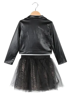 Smile Yes Completo 3 pezzi da bambina con giacca in ecopelle e gonna in tulle