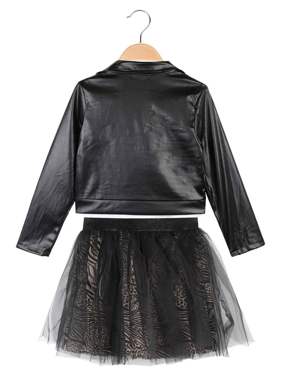 Smile Yes Completo 3 pezzi da bambina con giacca in ecopelle e gonna in tulle