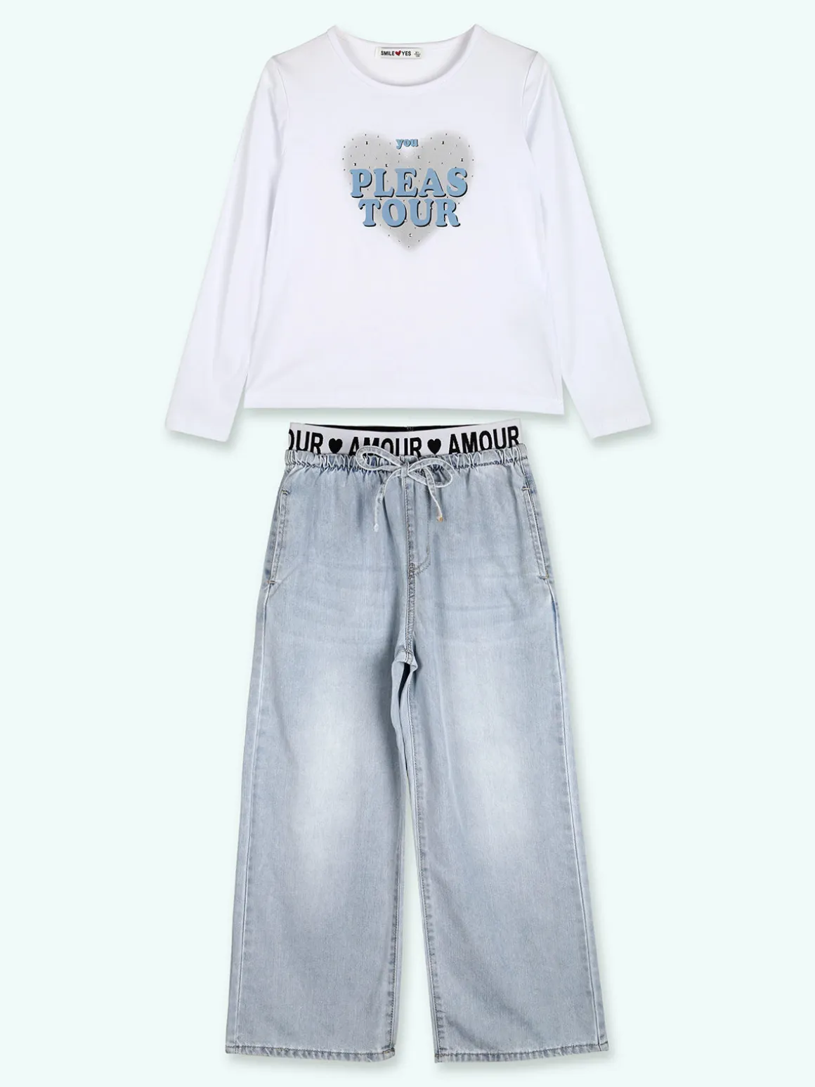 Smile Yes Completo 2 pezzi da bambina con t-shirt e jeans a gamba larga - azzurro