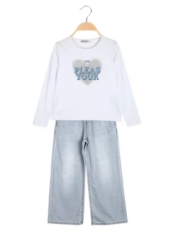 Smile Yes Completo 2 pezzi da bambina con t-shirt e jeans a gamba larga - azzurro