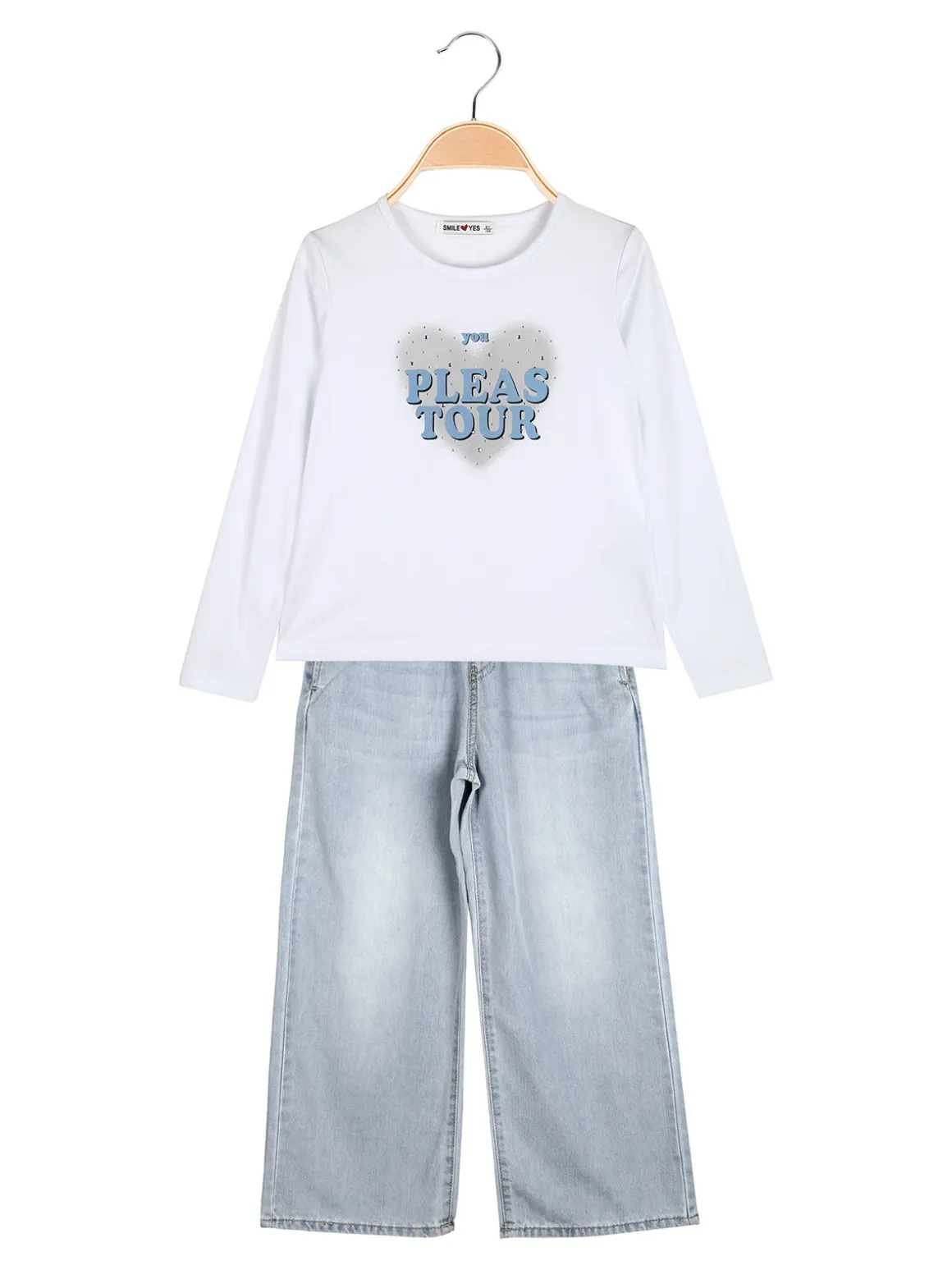 Smile Yes Completo 2 pezzi da bambina con t-shirt e jeans a gamba larga - azzurro