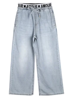 Smile Yes Completo 2 pezzi da bambina con t-shirt e jeans a gamba larga - azzurro