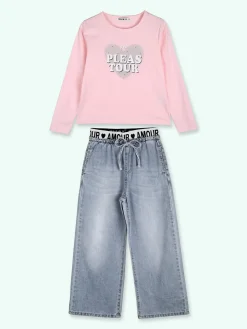 Smile Yes Completo 2 pezzi da bambina con t-shirt e jeans a gamba larga - rosa