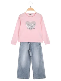 Smile Yes Completo 2 pezzi da bambina con t-shirt e jeans a gamba larga - rosa