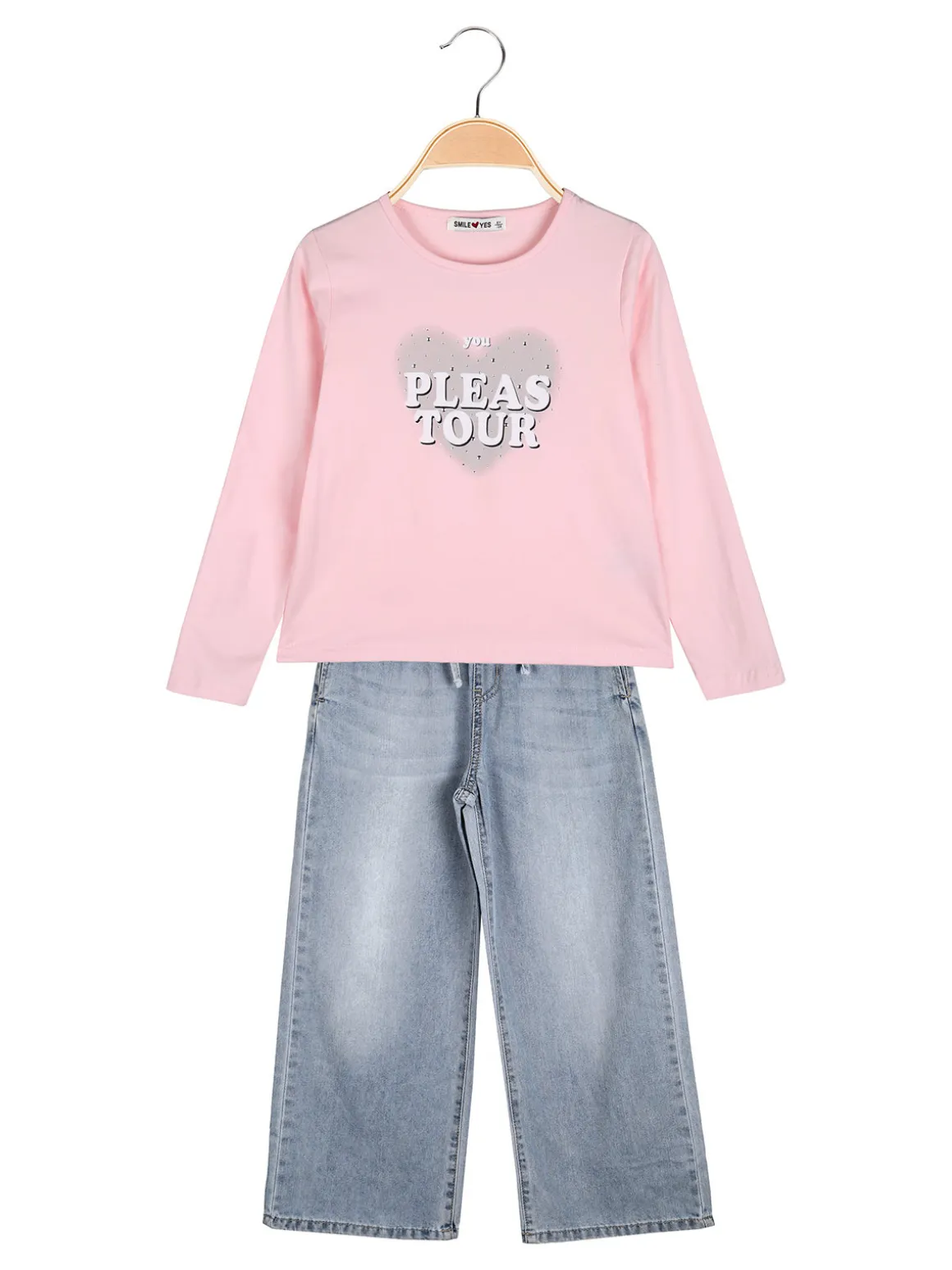 Smile Yes Completo 2 pezzi da bambina con t-shirt e jeans a gamba larga - rosa
