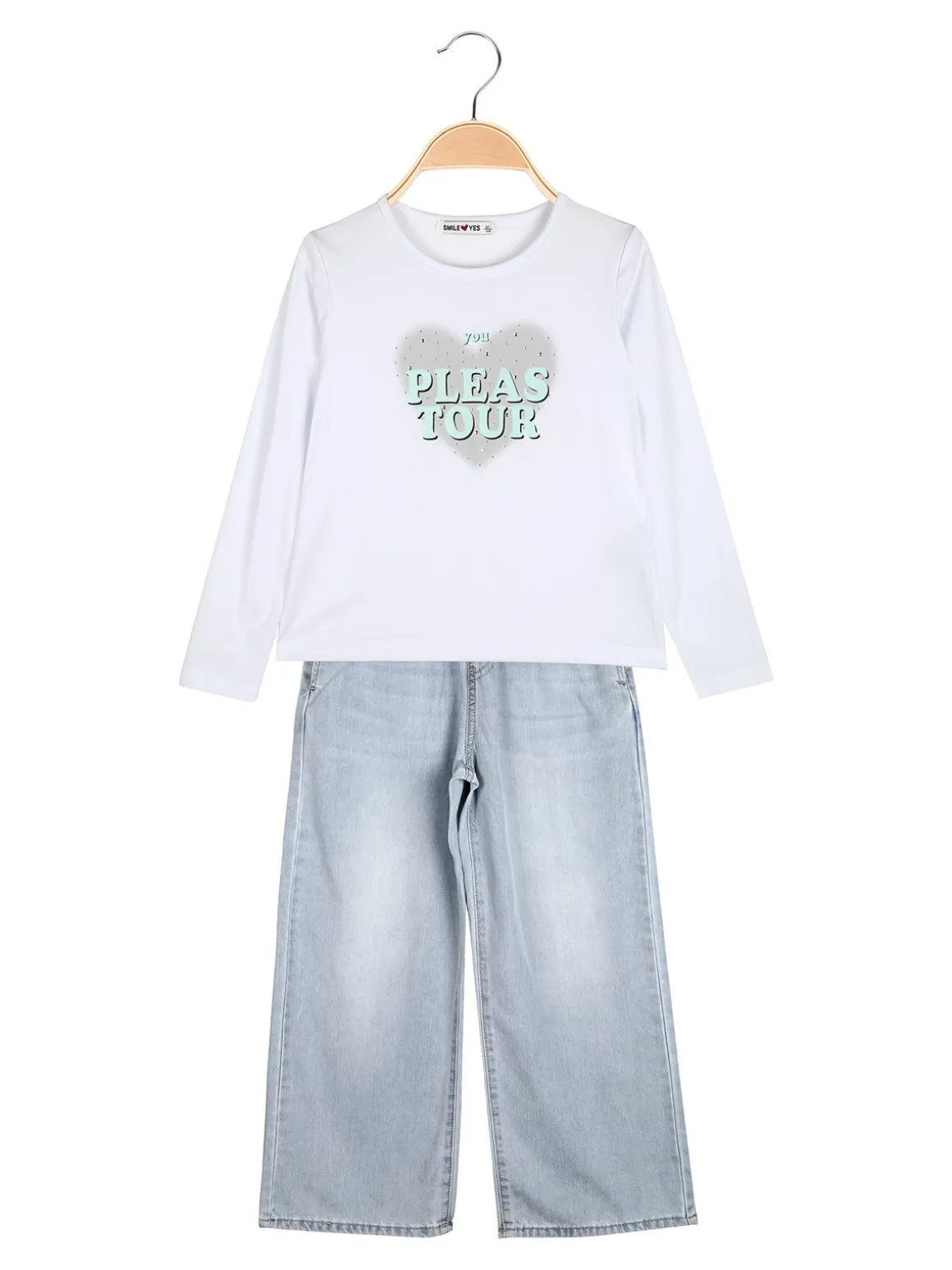 Smile Yes Completo 2 pezzi da bambina con t-shirt e jeans a gamba larga - acqua marina