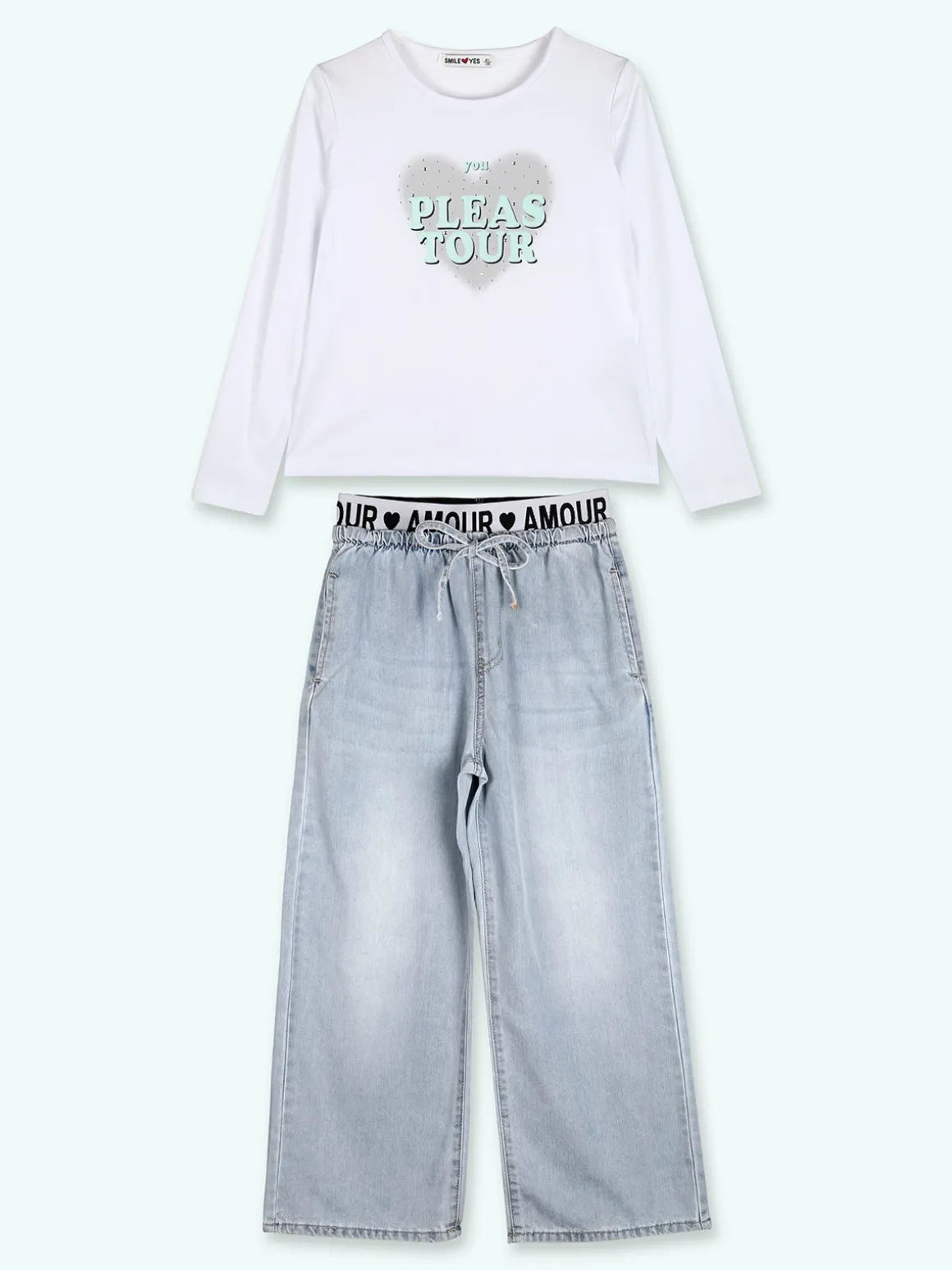 Smile Yes Completo 2 pezzi da bambina con t-shirt e jeans a gamba larga - acqua marina