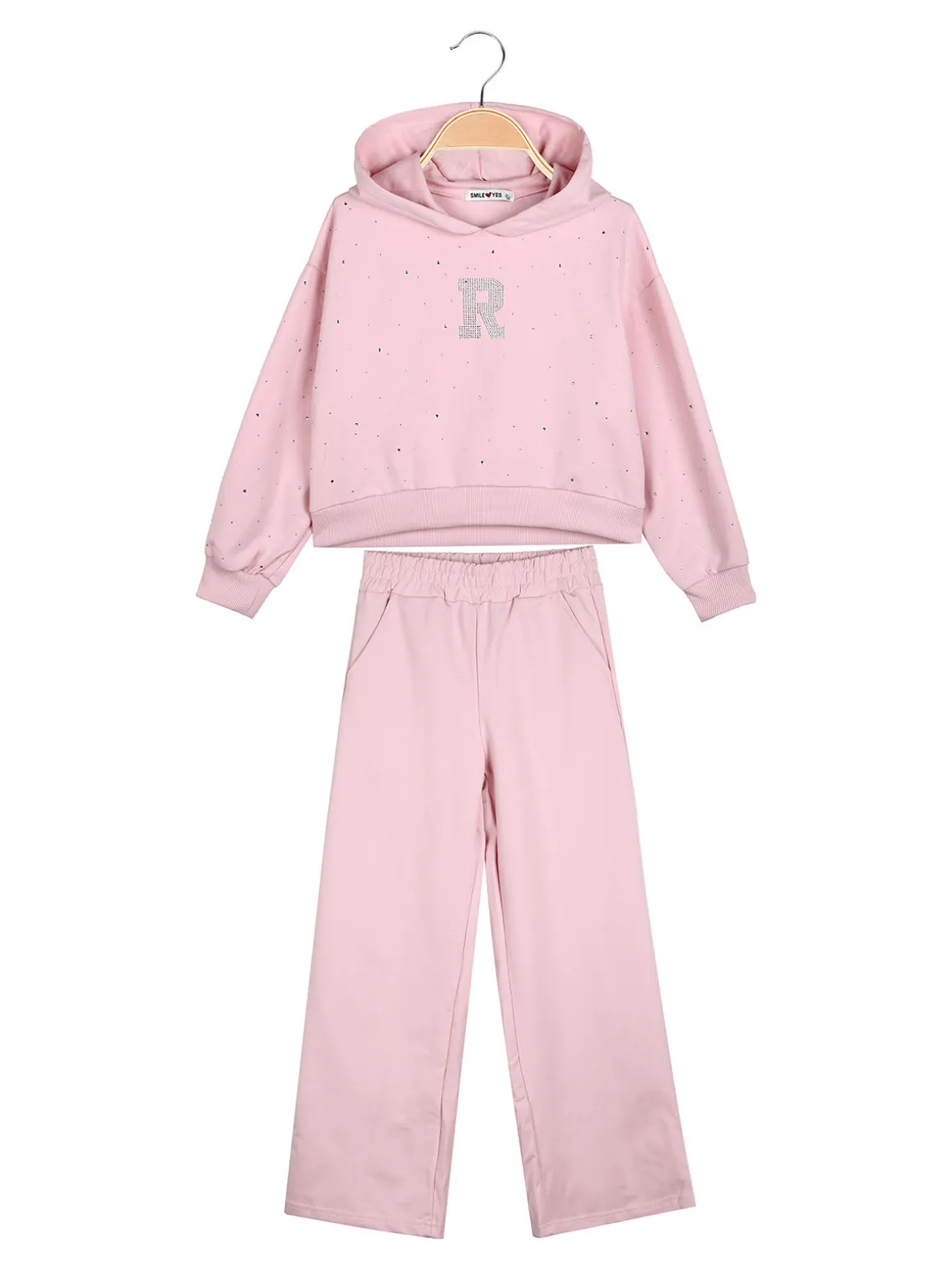 Smile Yes Completo tuta 2 pezzi con cappuccio e strass a gamba larga - rosa