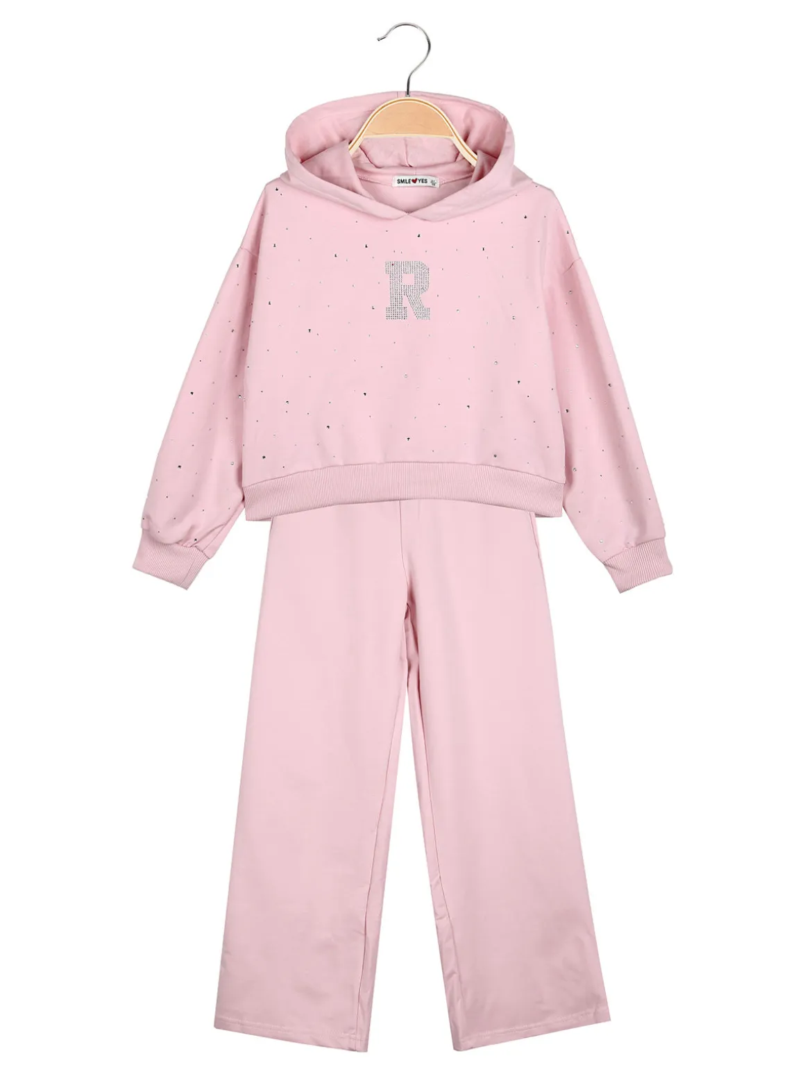 Smile Yes Completo tuta 2 pezzi con cappuccio e strass a gamba larga - rosa
