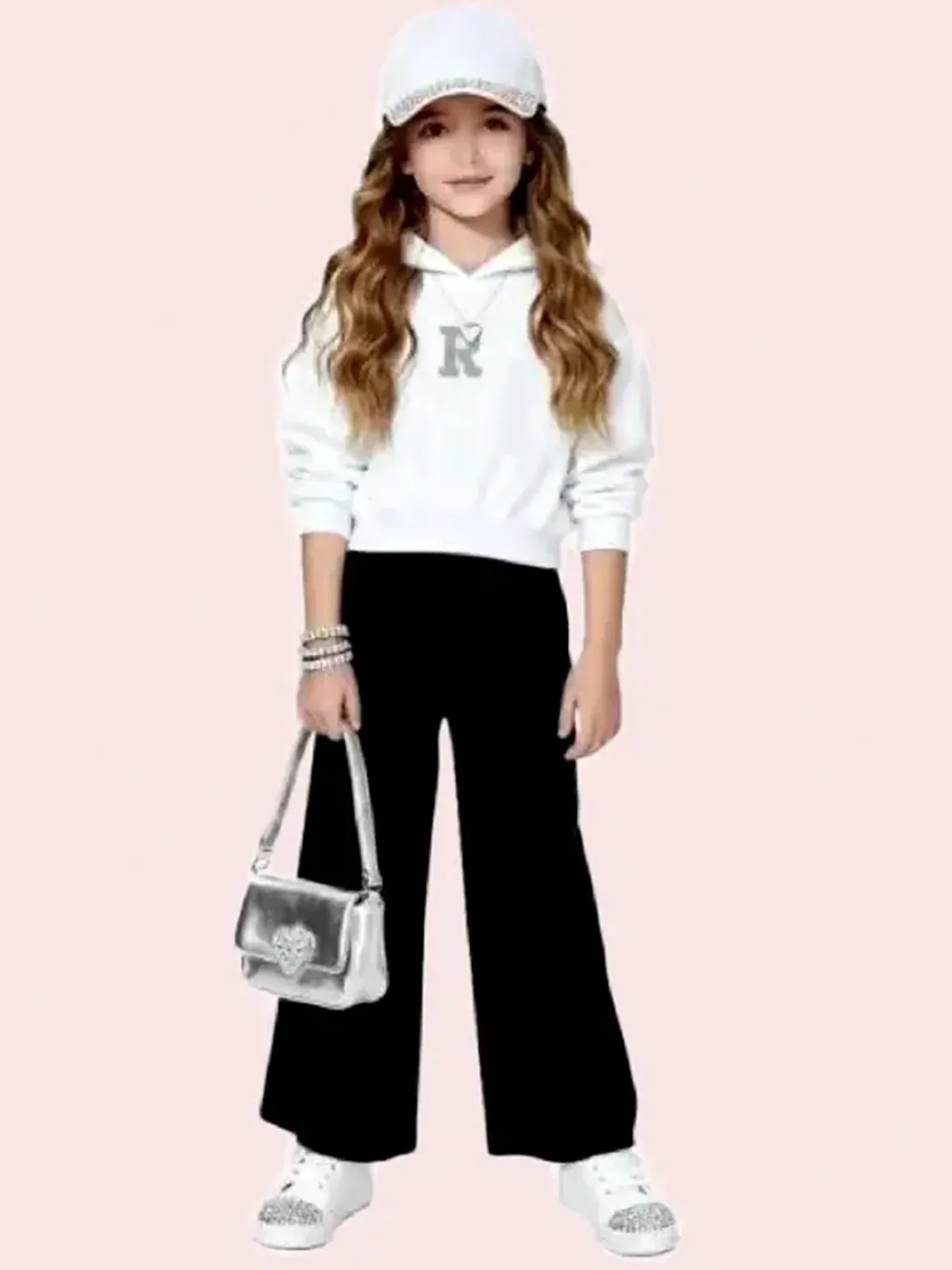 Smile Yes Completo tuta 2 pezzi con cappuccio e strass a gamba larga - bianco