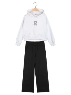 Smile Yes Completo tuta 2 pezzi con cappuccio e strass a gamba larga - bianco