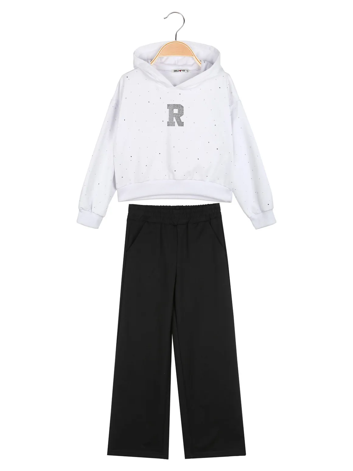Smile Yes Completo tuta 2 pezzi con cappuccio e strass a gamba larga - bianco