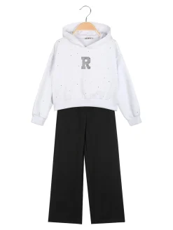 Smile Yes Completo tuta 2 pezzi con cappuccio e strass a gamba larga - bianco