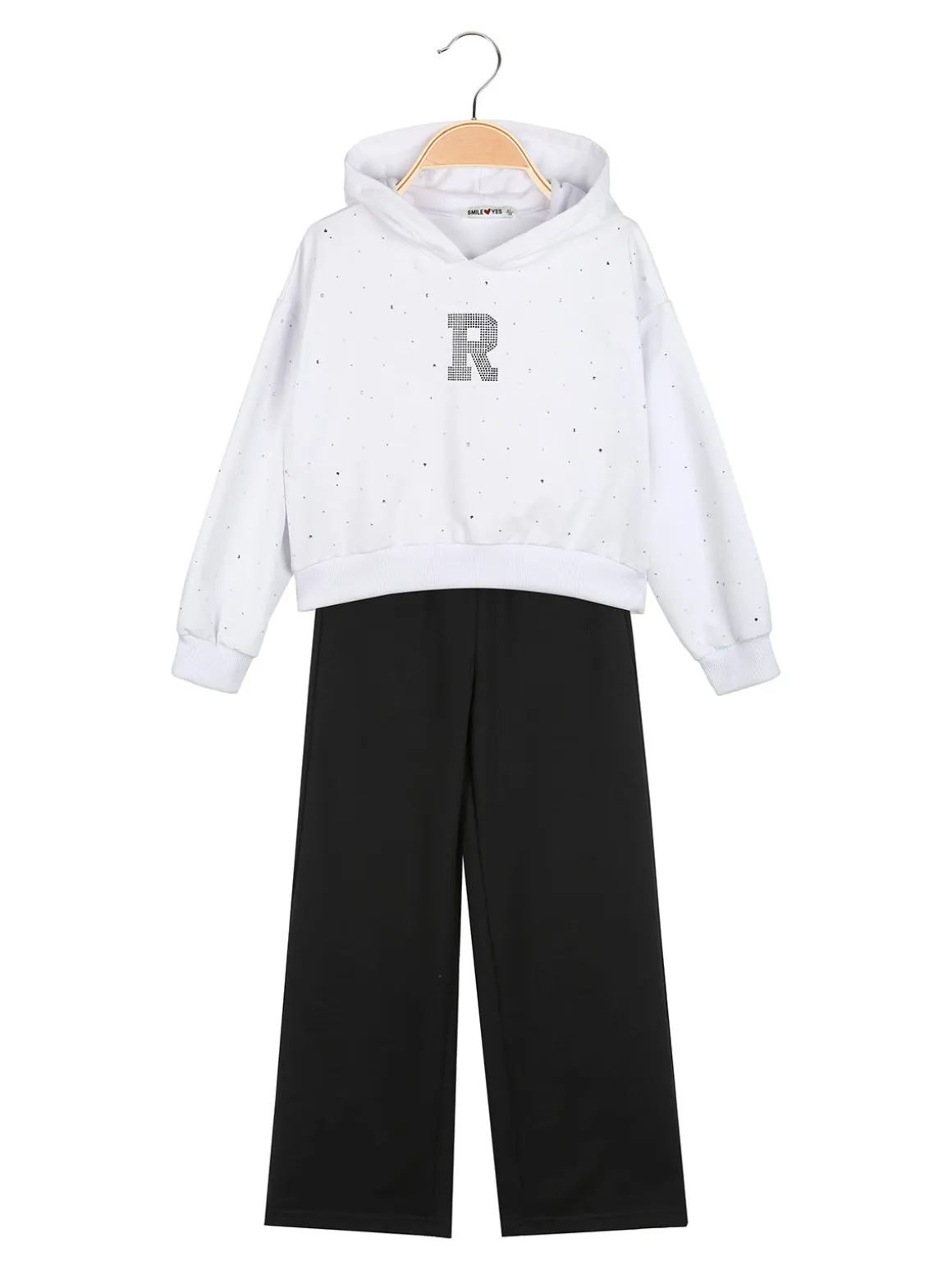 Smile Yes Completo tuta 2 pezzi con cappuccio e strass a gamba larga - bianco