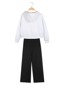 Smile Yes Completo tuta 2 pezzi con cappuccio e strass a gamba larga - bianco
