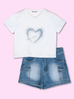 Smile Yes T-shirt cropped da bambina con cuore di strass