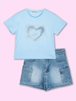 Smile Yes T-shirt cropped da bambina con cuore di strass