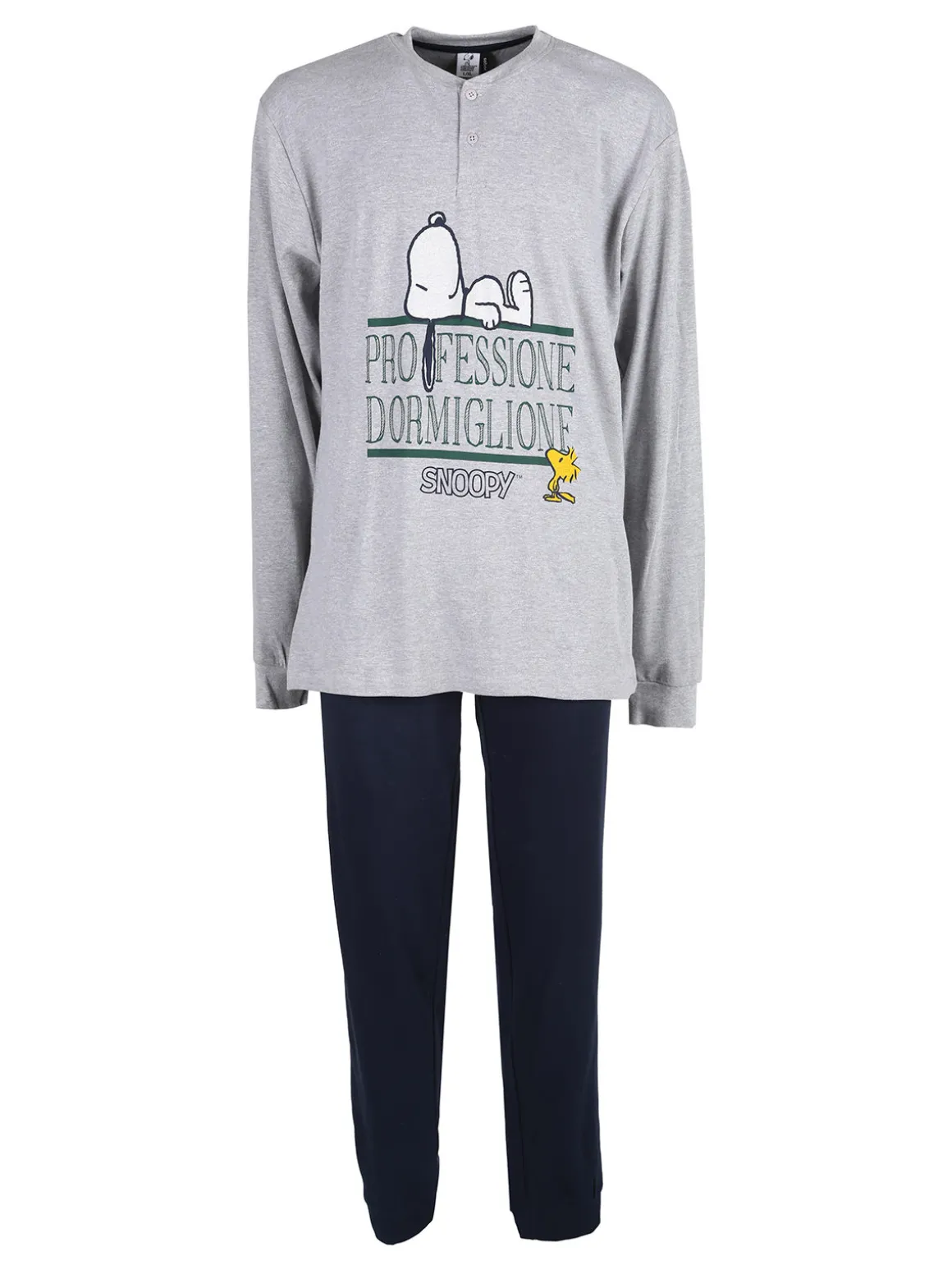 Snoopy Pigiama lungo da uomo in cotone interlock con stampe - grigio chiaro