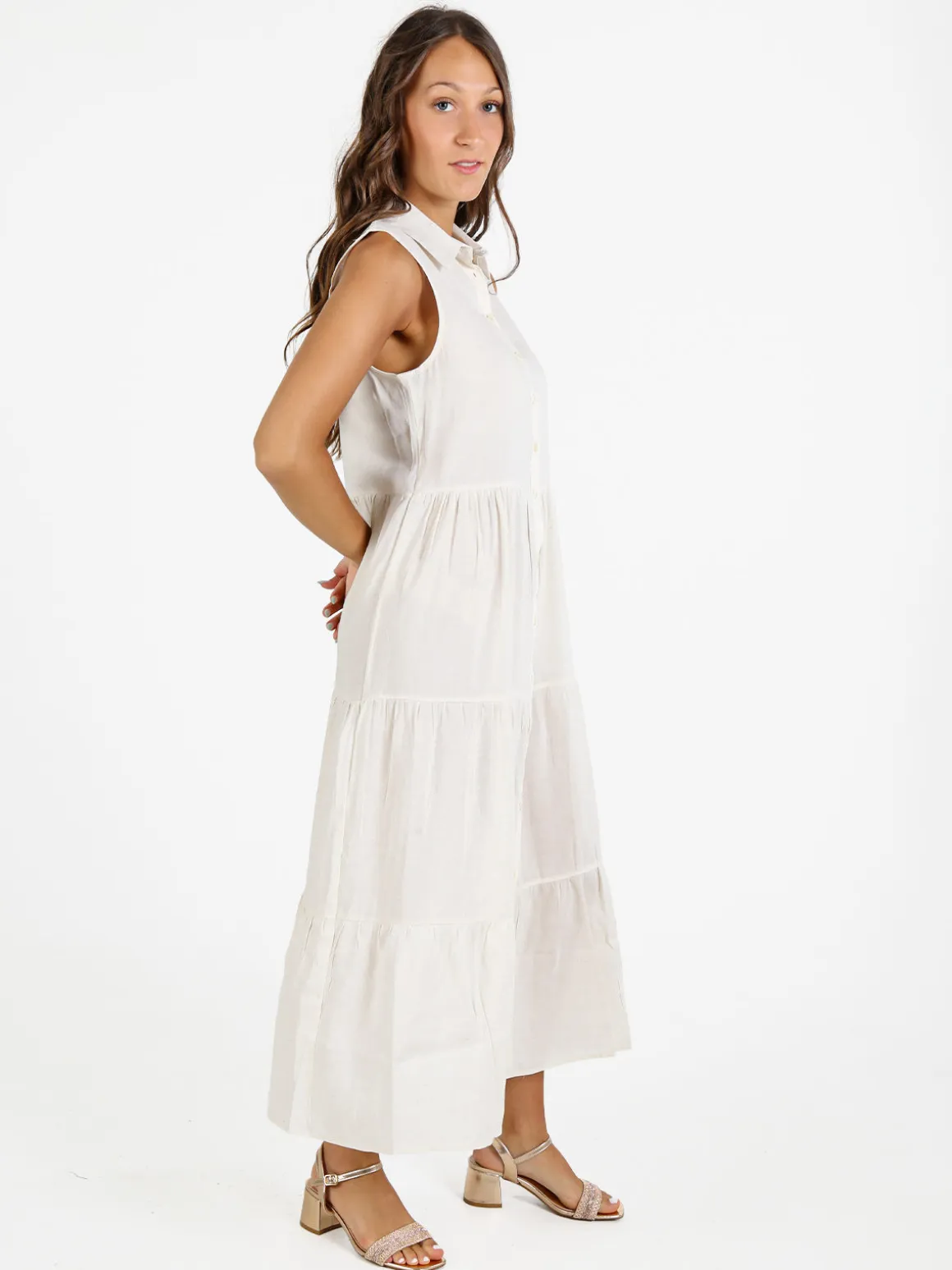 Solada Abito donna a camicia in misto lino senza maniche - beige