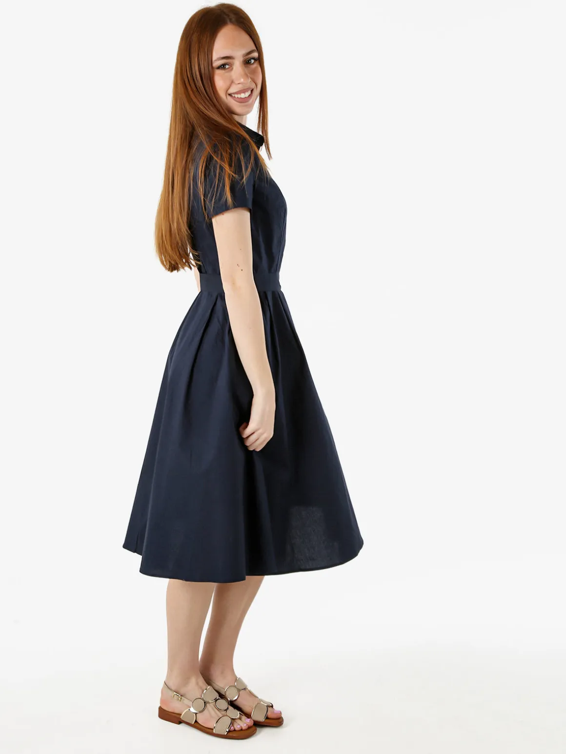 Solada Abito donna in cotone a maniche corte con bottoni sullo scollo - blu scuro