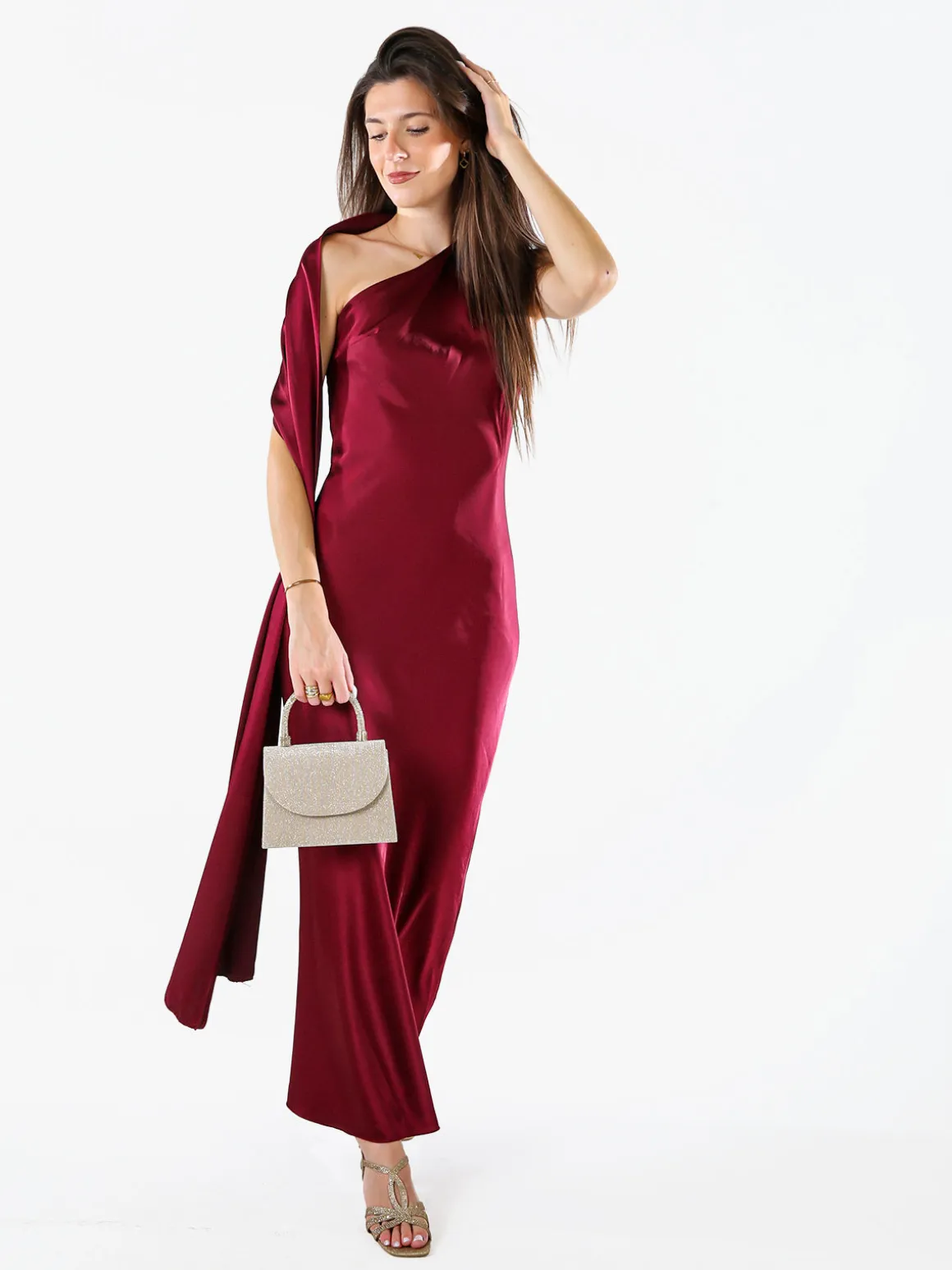 Solada Abito elegante da donna monospalla con stola incorporata - bordeaux