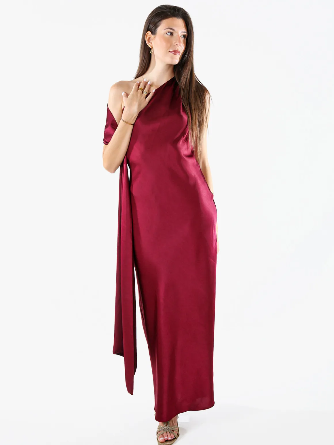 Solada Abito elegante da donna monospalla con stola incorporata - bordeaux