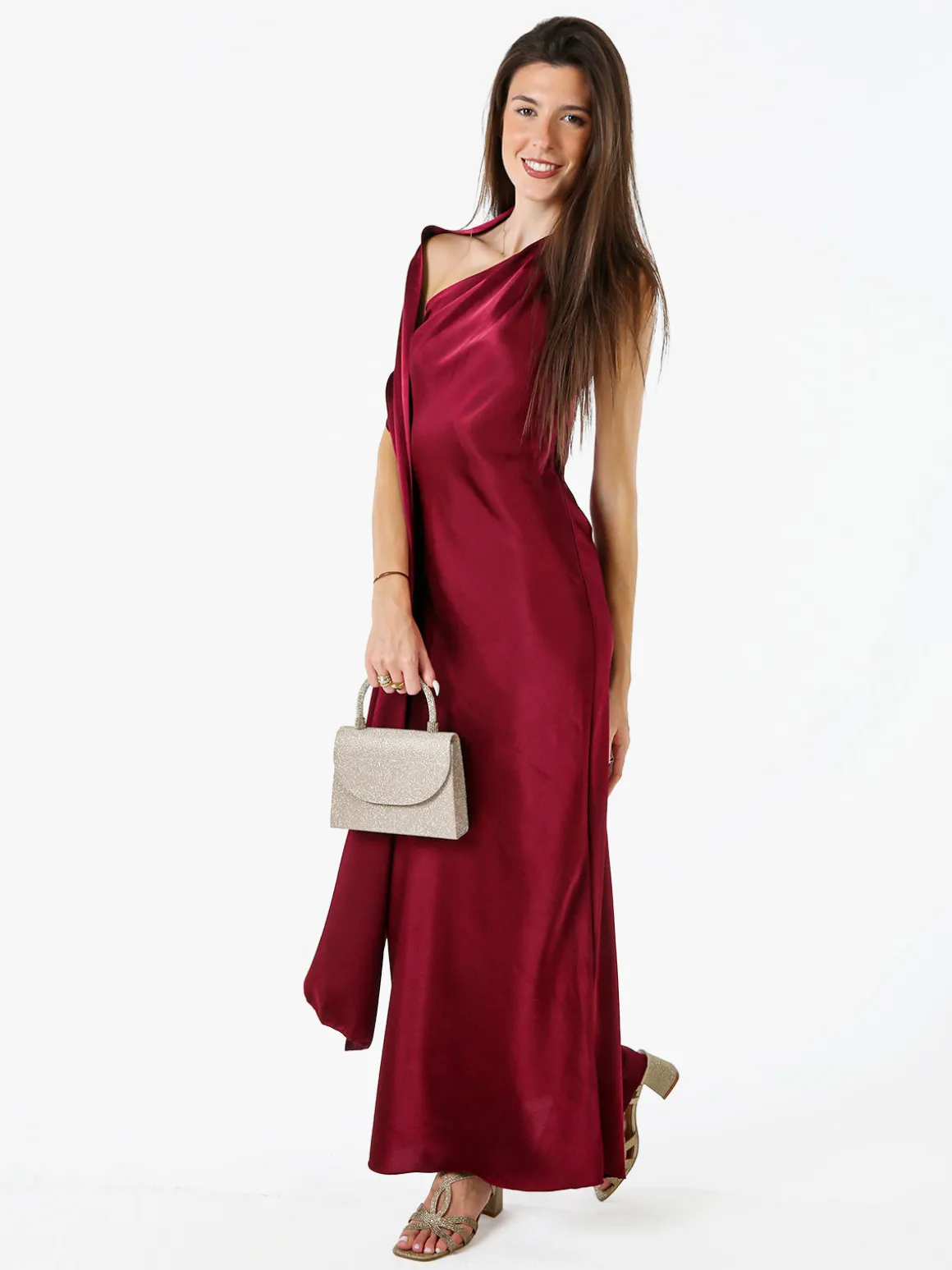 Solada Abito elegante da donna monospalla con stola incorporata - bordeaux