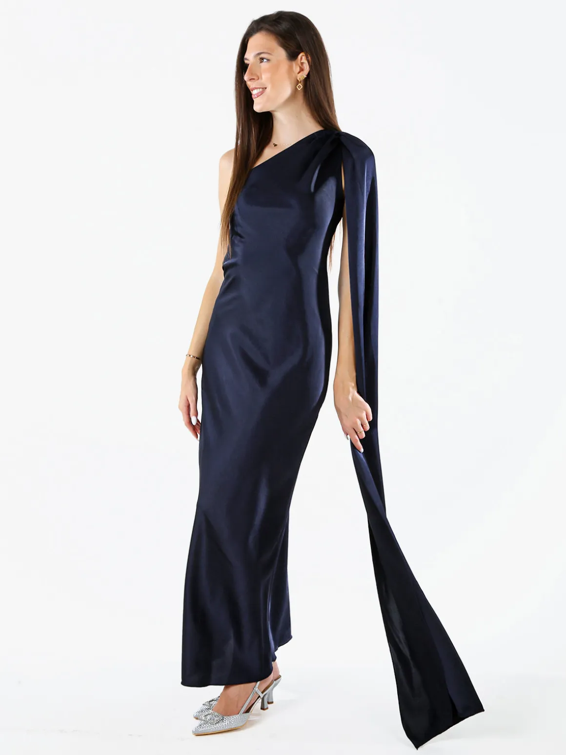 Solada Abito elegante da donna monospalla con stola incorporata - blu scuro