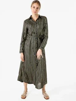 Solada Abito lungo a camicia con maniche lunghe e stampa a righe - nero