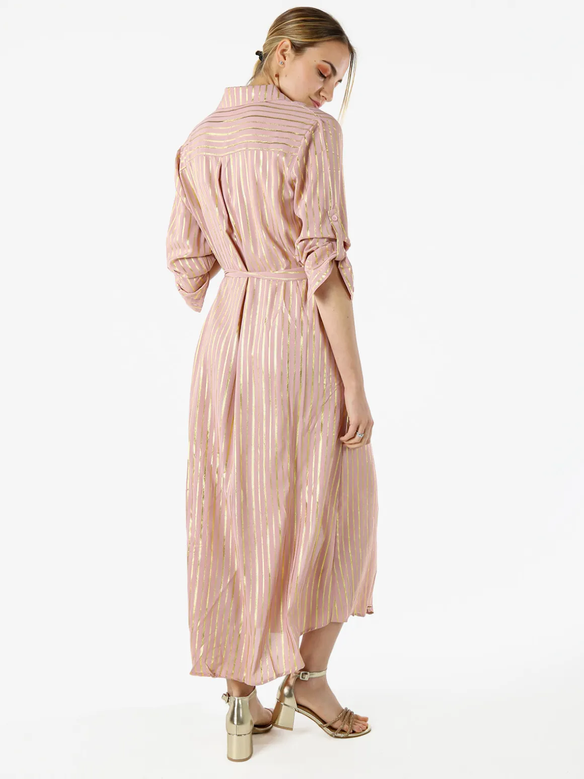 Solada Abito lungo a camicia con maniche lunghe e stampa a righe - rosa