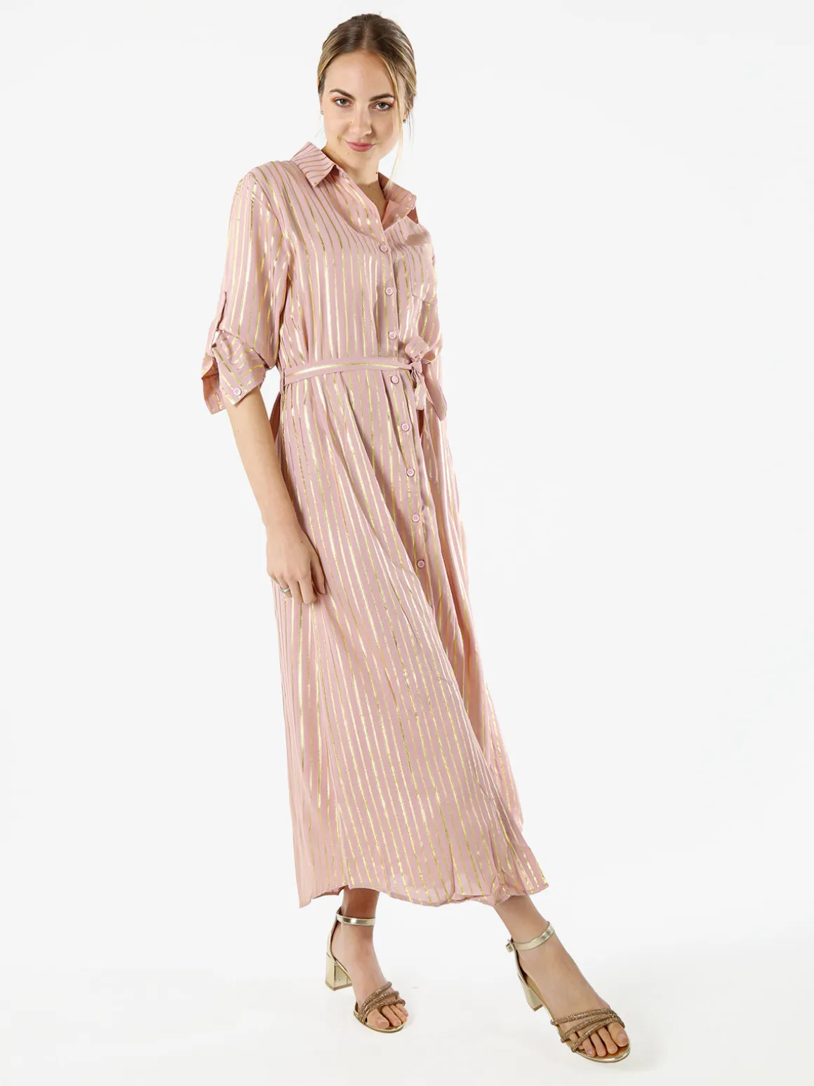 Solada Abito lungo a camicia con maniche lunghe e stampa a righe - rosa