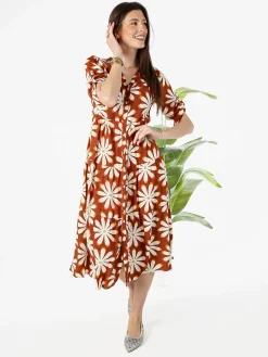 Solada Abito lungo da donna a camicia in misto lino con maniche a 3/4 - cammello