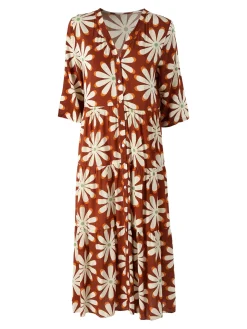 Solada Abito lungo da donna a camicia in misto lino con maniche a 3/4 - cammello
