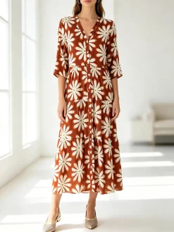 Solada Abito lungo da donna a camicia in misto lino con maniche a 3/4 - cammello