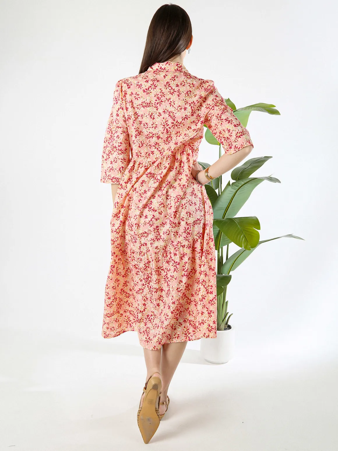 Solada Abito lungo da donna a camicia in cotone con maniche a 3/4 - rosa