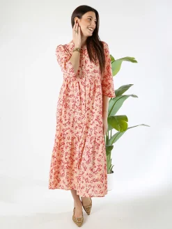 Solada Abito lungo da donna a camicia in cotone con maniche a 3/4 - rosa