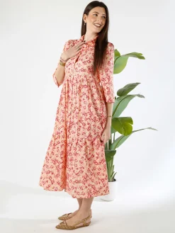 Solada Abito lungo da donna a camicia in cotone con maniche a 3/4 - rosa