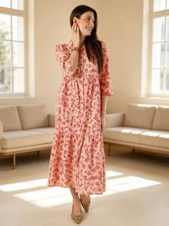 Solada Abito lungo da donna a camicia in cotone con maniche a 3/4 - rosa