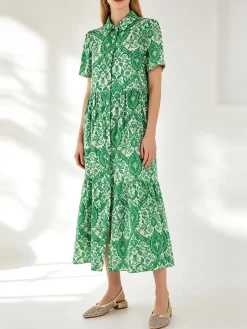 Solada Abito lungo da donna a camicia in cotone con maniche corte - verde