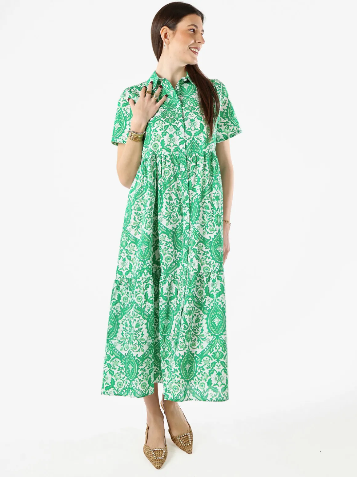 Solada Abito lungo da donna a camicia in cotone con maniche corte - verde