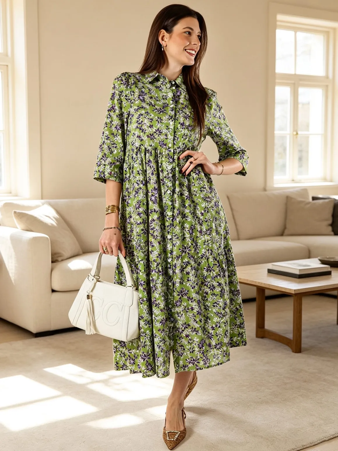 Solada Abito lungo da donna a camicia in cotone con maniche a 3/4 - verde