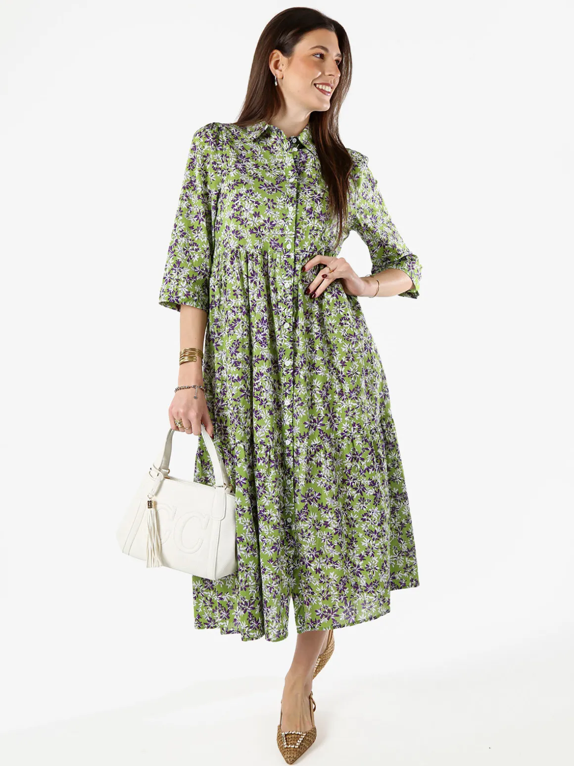 Solada Abito lungo da donna a camicia in cotone con maniche a 3/4 - verde