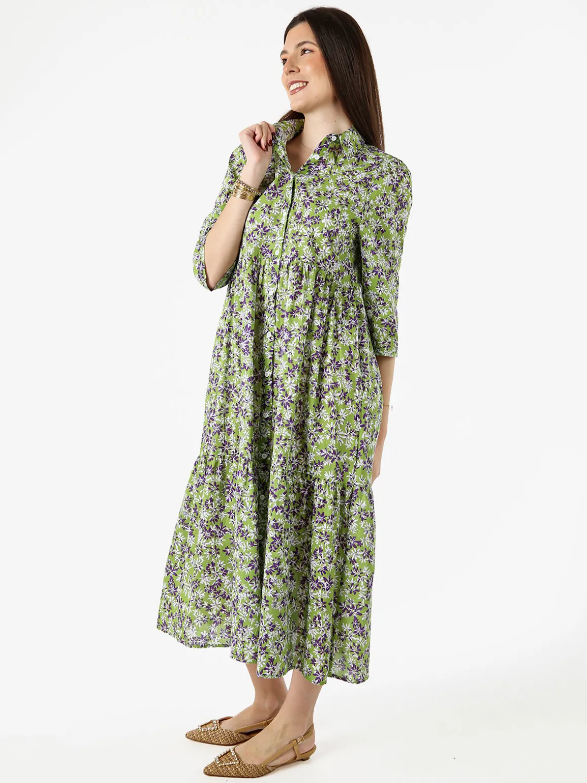 Solada Abito lungo da donna a camicia in cotone con maniche a 3/4 - verde