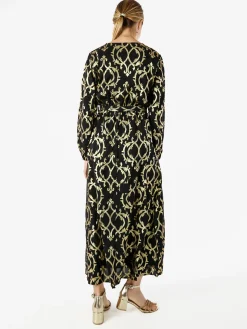 Solada Abito lungo da donna a maniche lunghe con stampe e scollo a V - nero