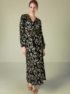 Solada Abito lungo da donna a maniche lunghe con stampe e scollo a V - nero